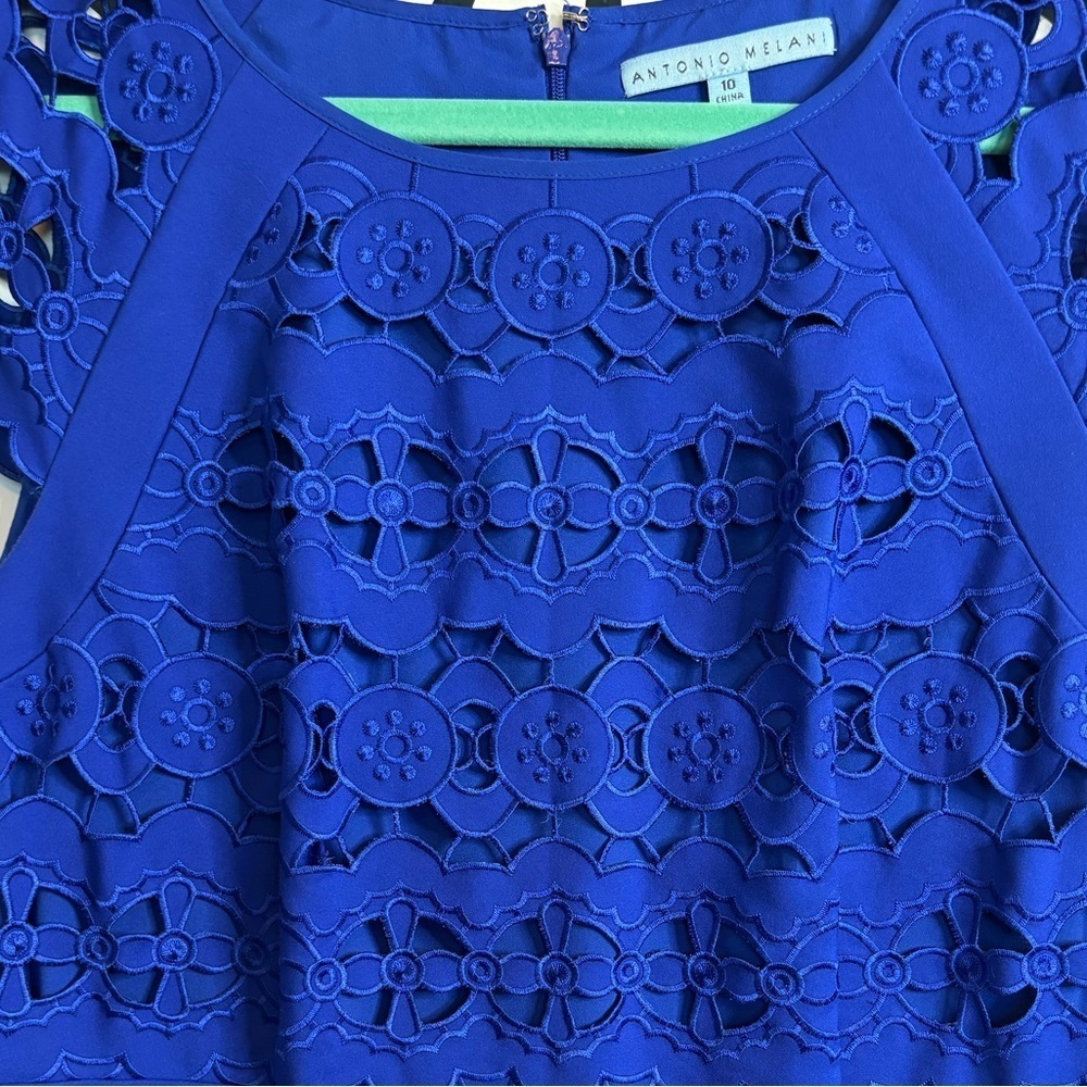 Antonio Melani Cobalt Blue Cocktail Dress w/ Laser Cutouts & Cap Sleeves – Sz 10 - Picture 5 of 14